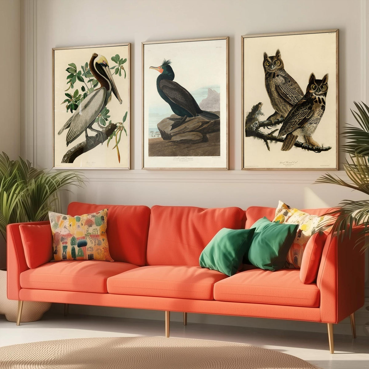 John James Audubon Set of Three Art Prints - Brown Pelican, Double Crested Cormorant, Great Horned Owl - Illustration Poster V3