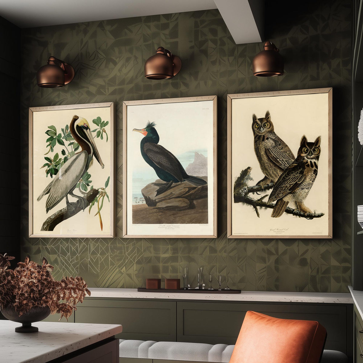 John James Audubon Set of Three Art Prints - Brown Pelican, Double Crested Cormorant, Great Horned Owl - Illustration Poster V3