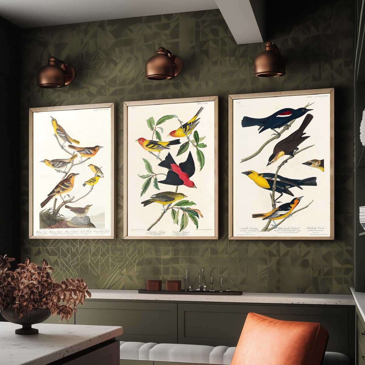Set of Three Audubon Bird Prints - Bullock's Oriole Louisiana Tanager and Yellow-headed Troopial - 3 Bird Paintings Poster Wall Art