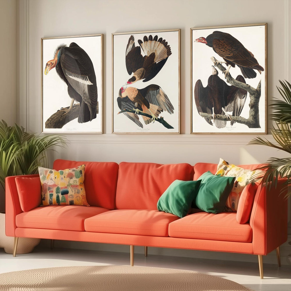 Set of Three John James Audubon Prints - California Vulture Caracara and Turkey Buzzard - 3 Bird Paintings Poster Wall Art