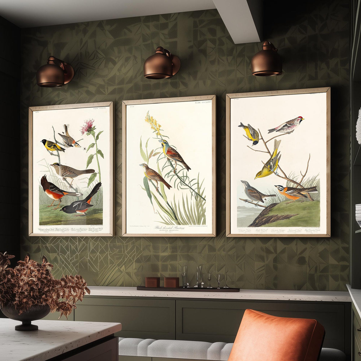 Set of Three Audubon Prints - Chestnut-collared Longspur Black-throated Bunting Smith's Longspur - 3 Bird Paintings Poster Wall Art