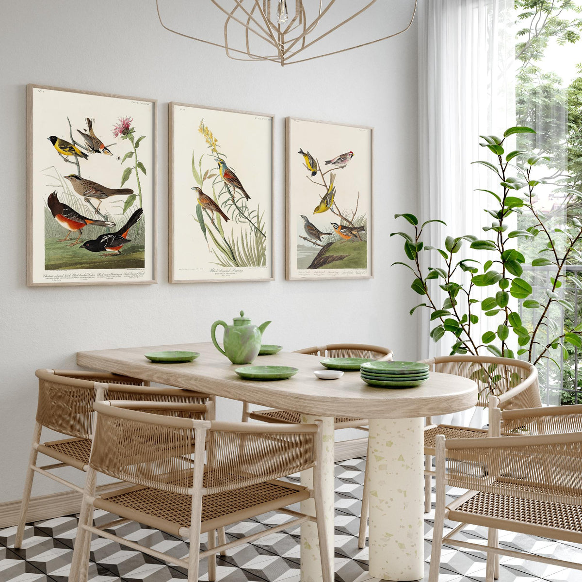 Set of Three Audubon Prints - Chestnut-collared Longspur Black-throated Bunting Smith's Longspur - 3 Bird Paintings Poster Wall Art