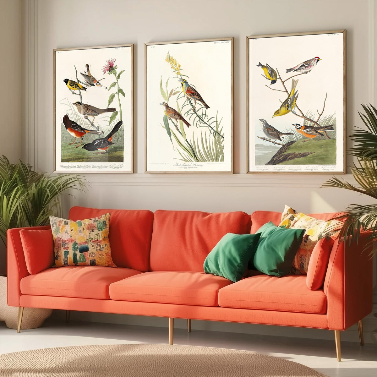 Set of Three Audubon Prints - Chestnut-collared Longspur Black-throated Bunting Smith's Longspur - 3 Bird Paintings Poster Wall Art