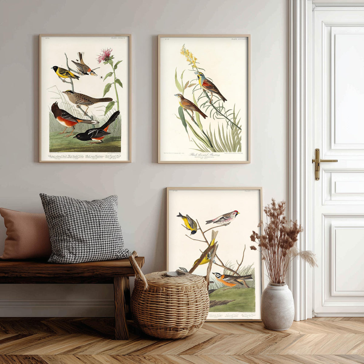 Set of Three Audubon Prints - Chestnut-collared Longspur Black-throated Bunting Smith's Longspur - 3 Bird Paintings Poster Wall Art
