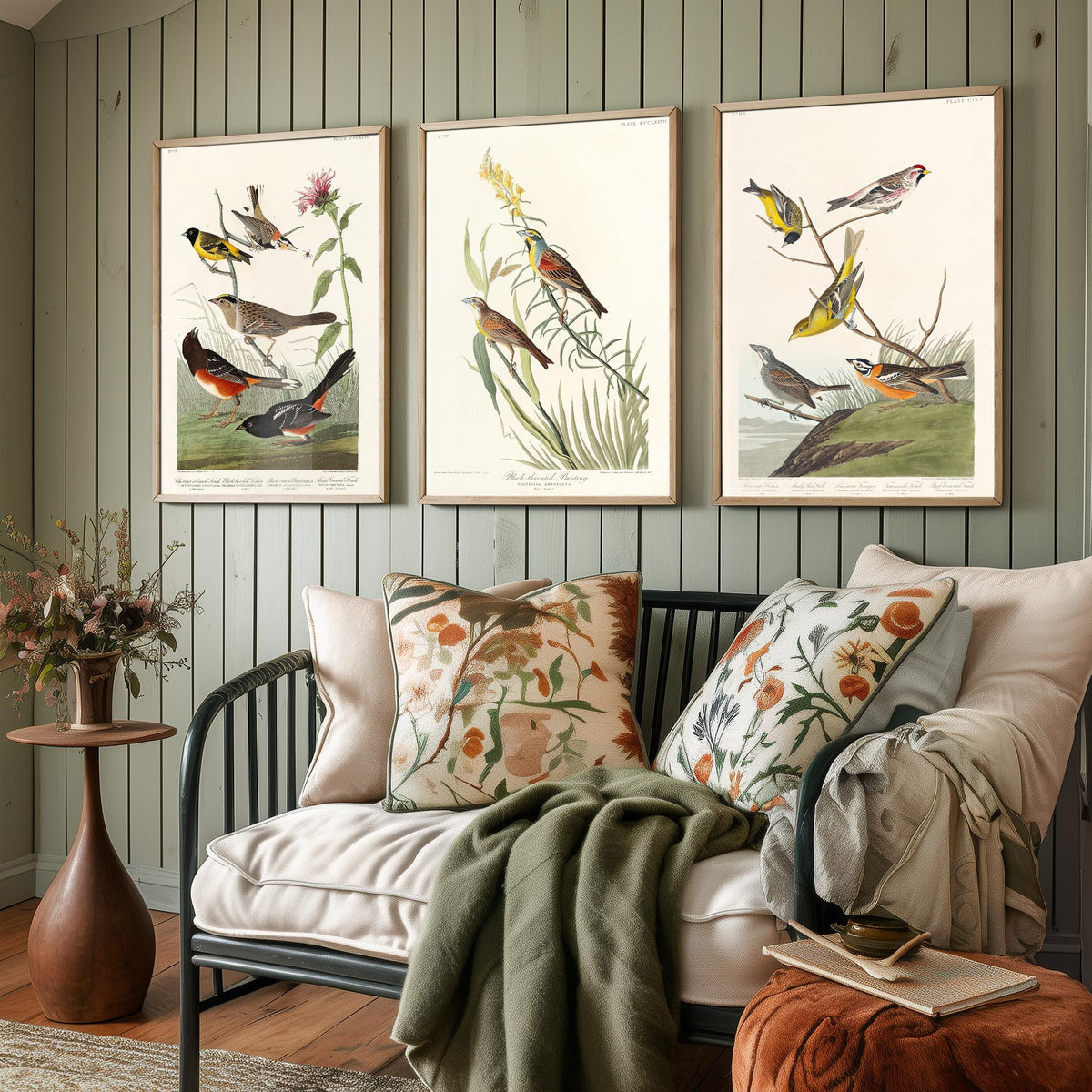 Set of Three Audubon Prints - Chestnut-collared Longspur Black-throated Bunting Smith's Longspur - 3 Bird Paintings Poster Wall Art