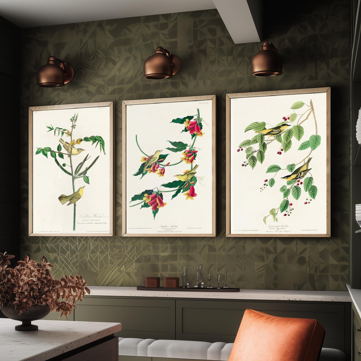 Set of Three John James Audubon Prints - Children's Rathbone and Carbonated Warblers - 3 Bird Paintings Poster Wall Art Illustration