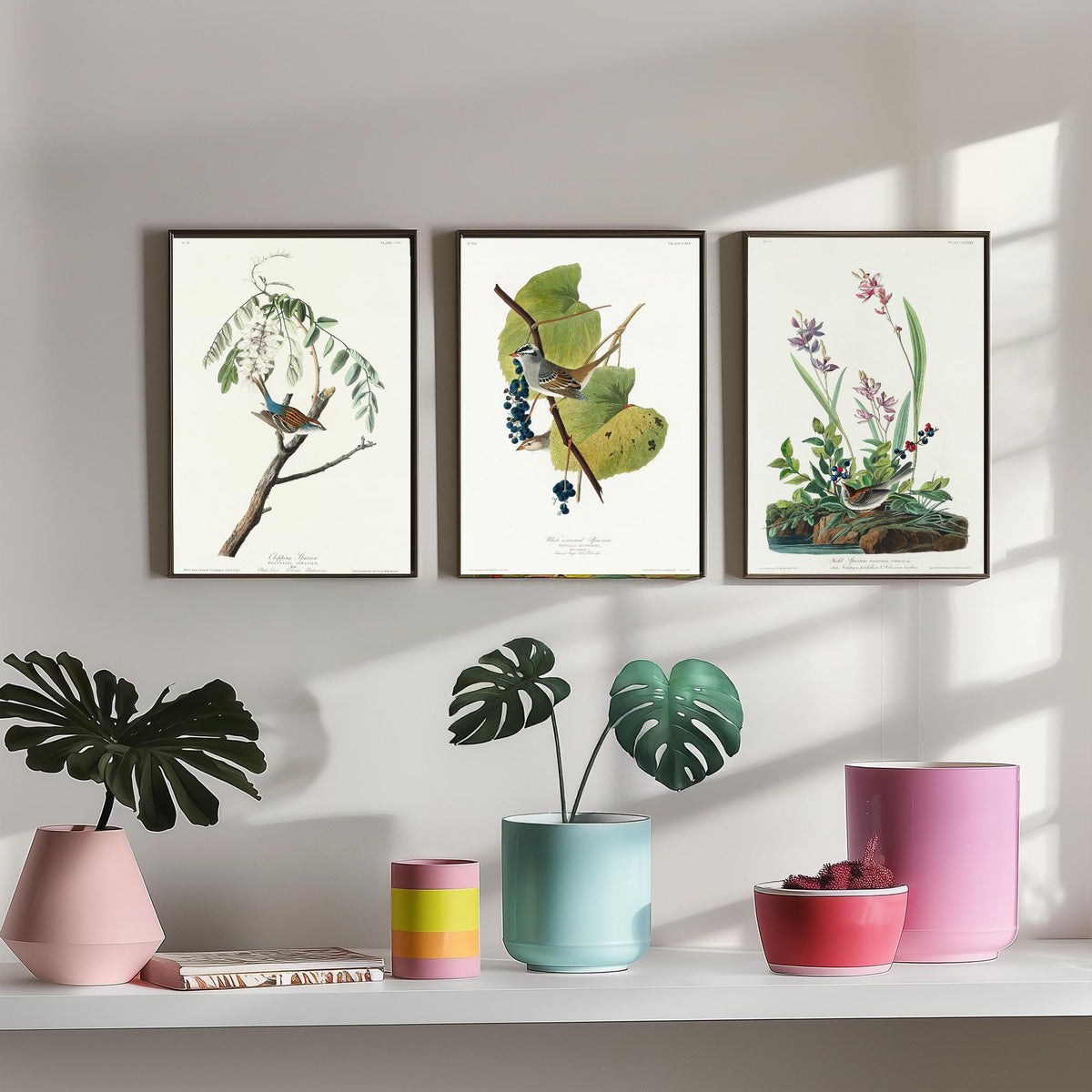 Set of Three John James Audubon Prints - Chipping White-crowned and Field Sparrows - 3 Bird Paintings Poster Wall Art Illustration