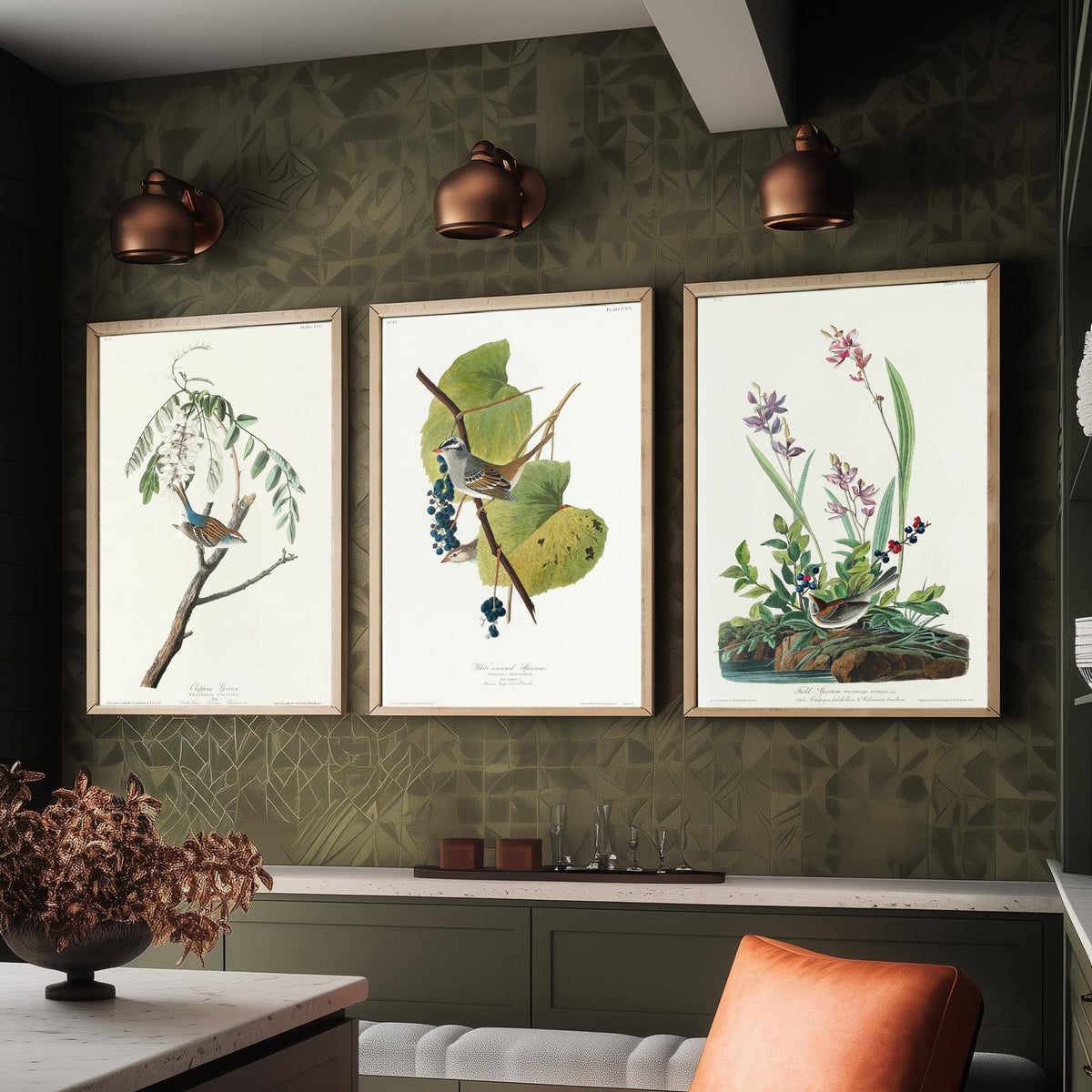 Set of Three John James Audubon Prints - Chipping White-crowned and Field Sparrows - 3 Bird Paintings Poster Wall Art Illustration