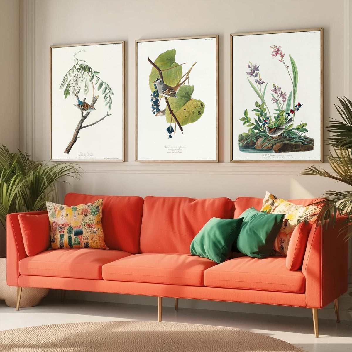 Set of Three John James Audubon Prints - Chipping White-crowned and Field Sparrows - 3 Bird Paintings Poster Wall Art Illustration