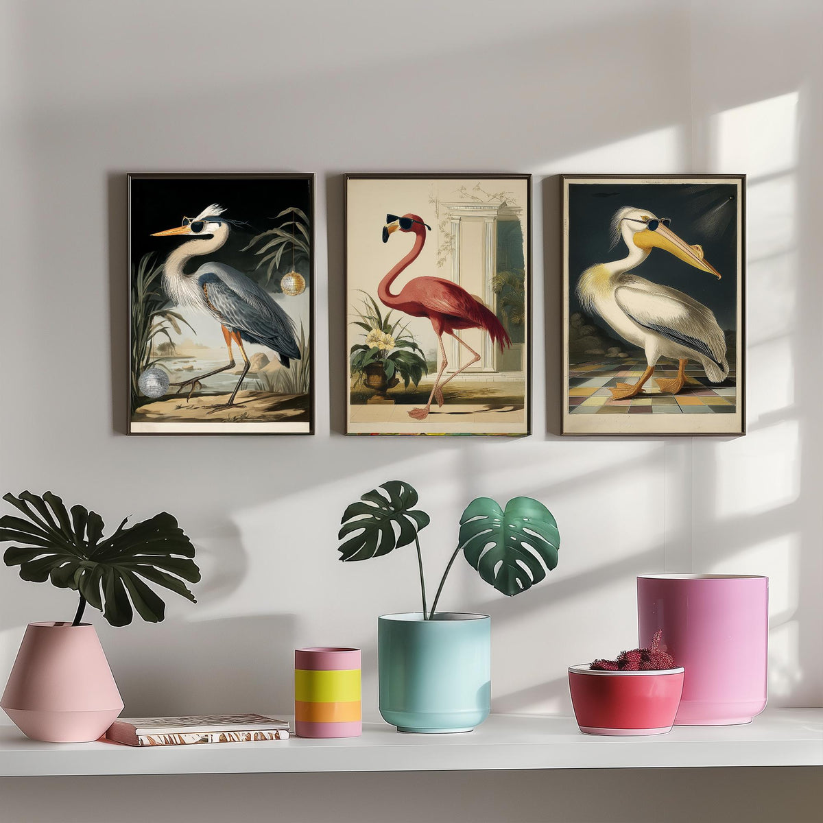 Set of Three Funny Bird Art Prints - Heron Flamingo Pelican in Sunglasses - 3 Cool Party Posters Wall Art Gift Illustration Humour Bar Decor