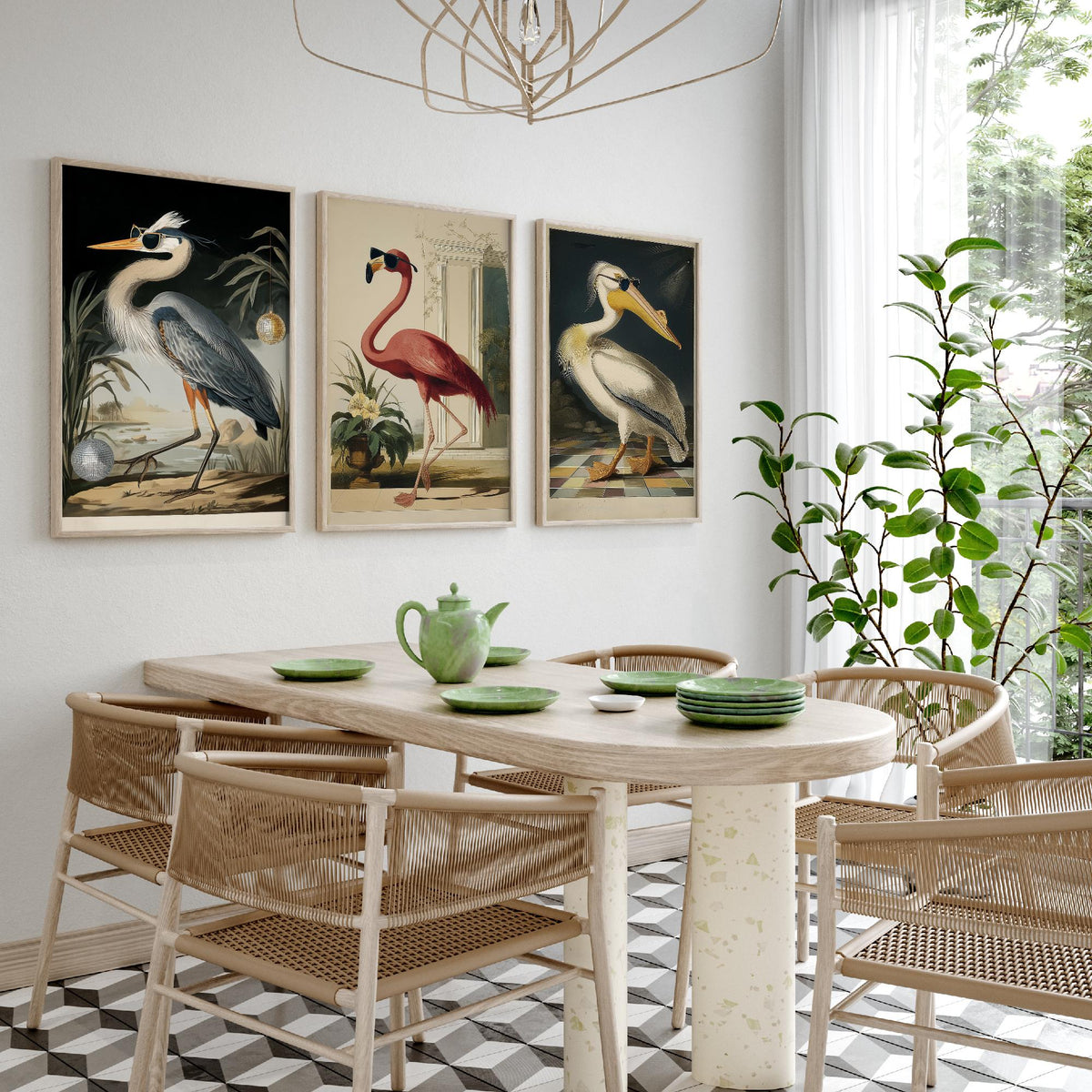 Set of Three Funny Bird Art Prints - Heron Flamingo Pelican in Sunglasses - 3 Cool Party Posters Wall Art Gift Illustration Humour Bar Decor