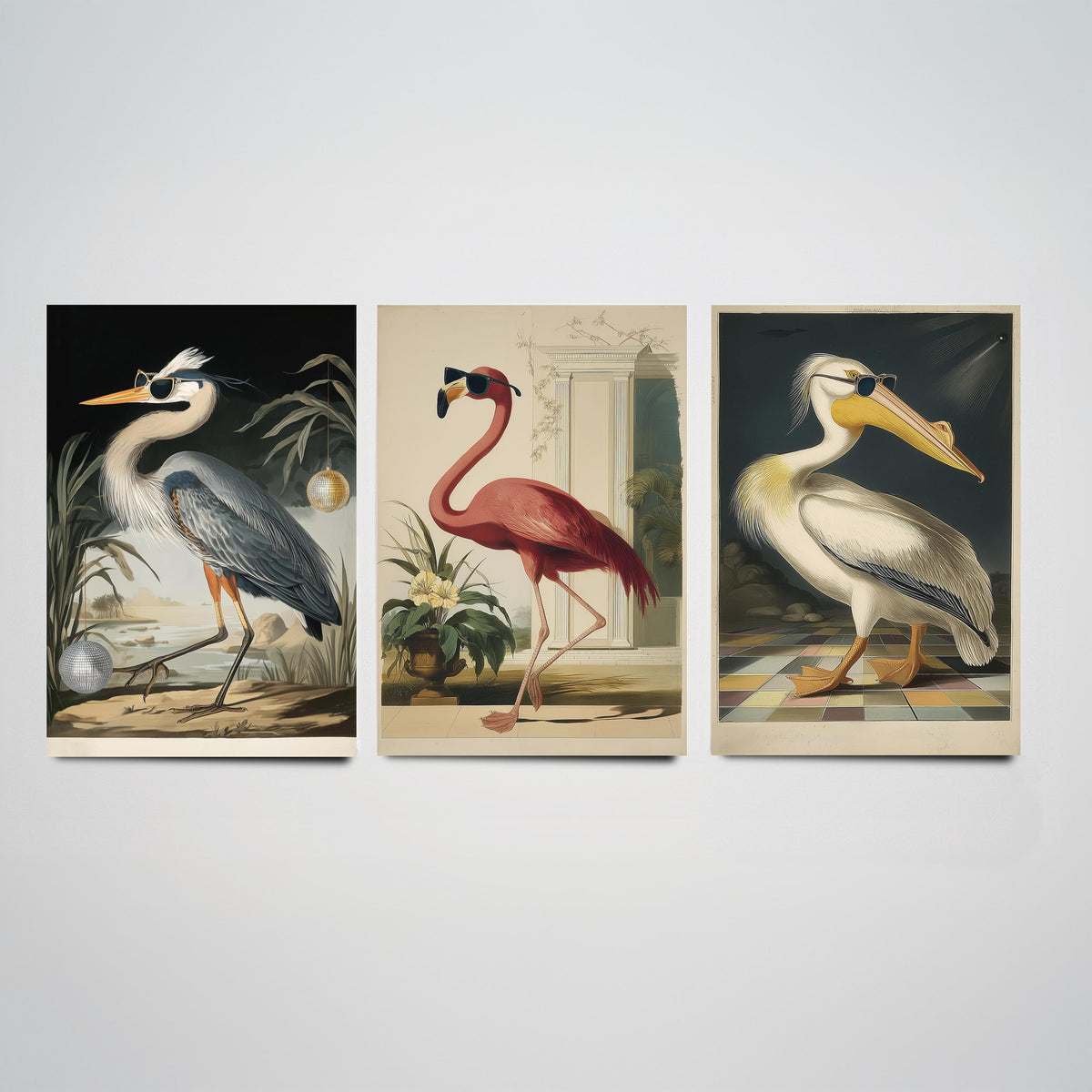 Set of Three Funny Bird Art Prints - Heron Flamingo Pelican in Sunglasses - 3 Cool Party Posters Wall Art Gift Illustration Humour Bar Decor