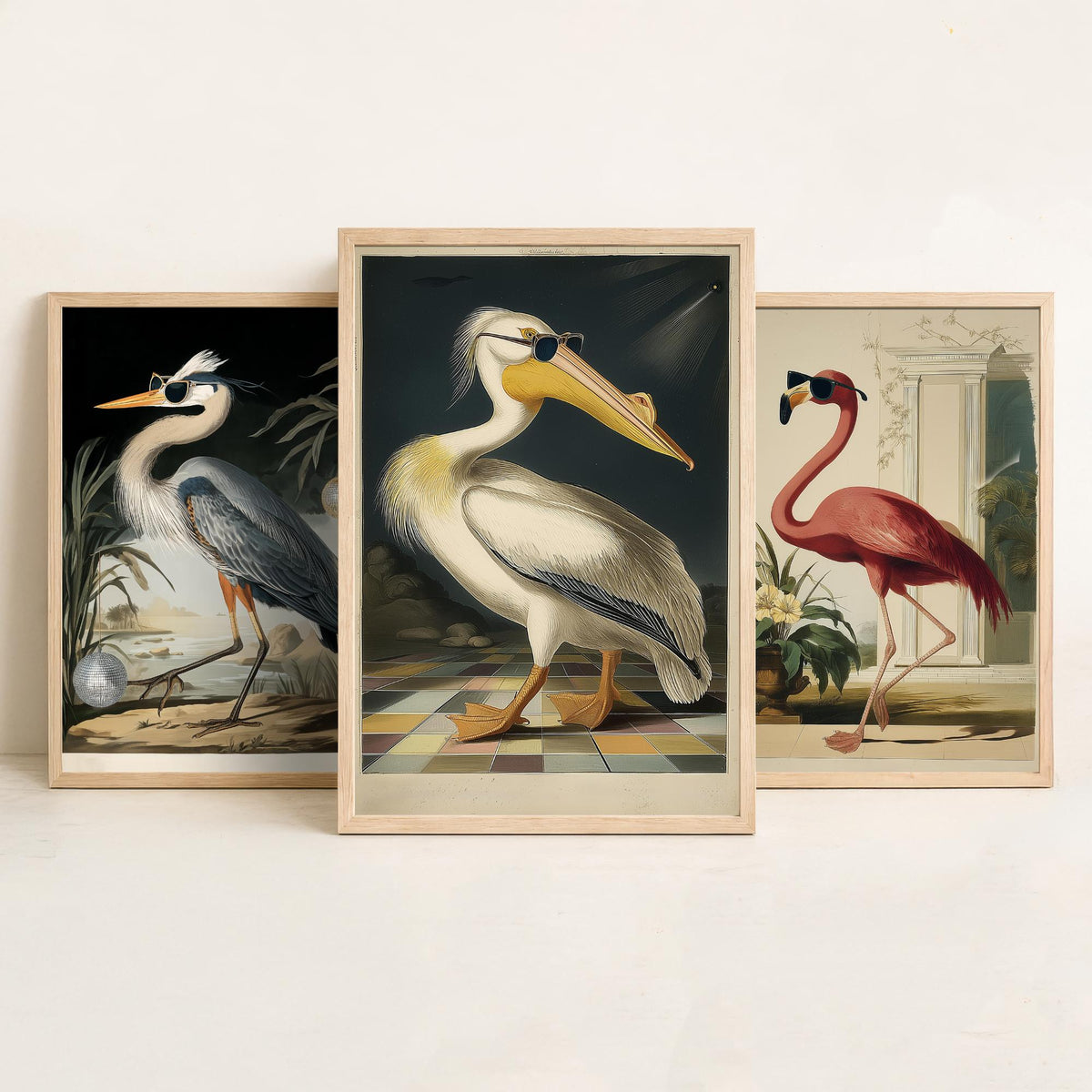 Set of Three Funny Bird Art Prints - Heron Flamingo Pelican in Sunglasses - 3 Cool Party Posters Wall Art Gift Illustration Humour Bar Decor