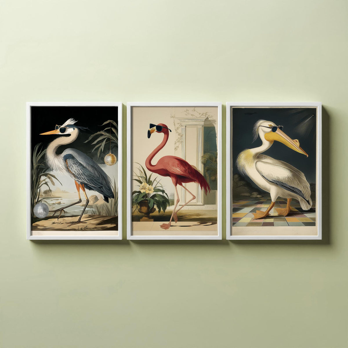 Set of Three Funny Bird Art Prints - Heron Flamingo Pelican in Sunglasses - 3 Cool Party Posters Wall Art Gift Illustration Humour Bar Decor