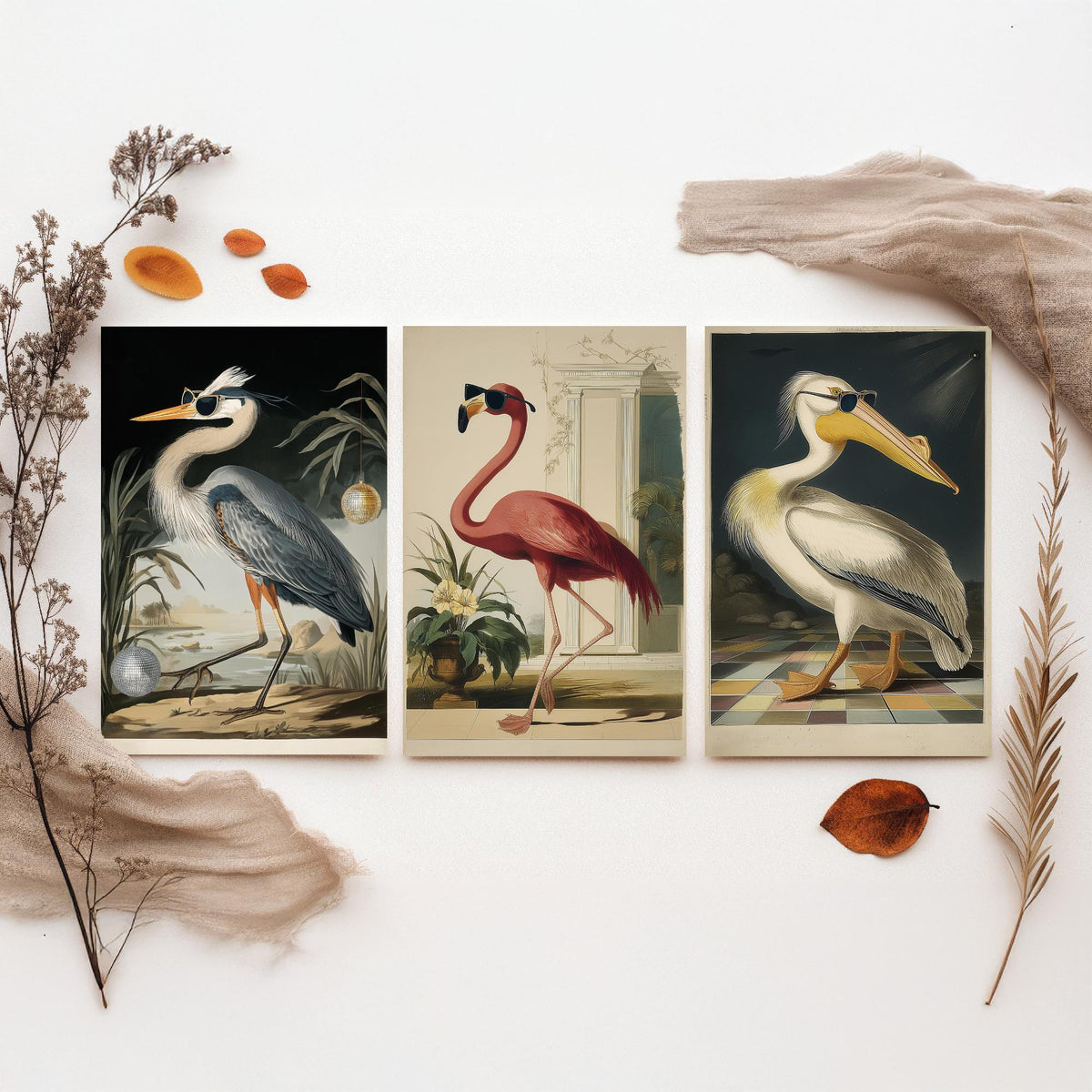 Set of Three Funny Bird Art Prints - Heron Flamingo Pelican in Sunglasses - 3 Cool Party Posters Wall Art Gift Illustration Humour Bar Decor