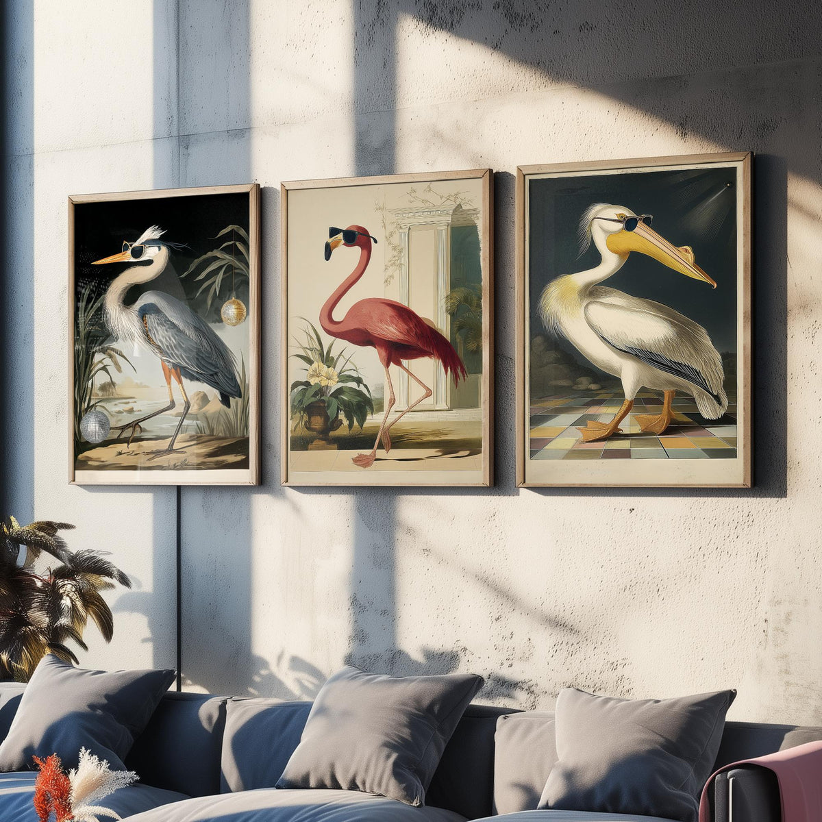 Set of Three Funny Bird Art Prints - Heron Flamingo Pelican in Sunglasses - 3 Cool Party Posters Wall Art Gift Illustration Humour Bar Decor