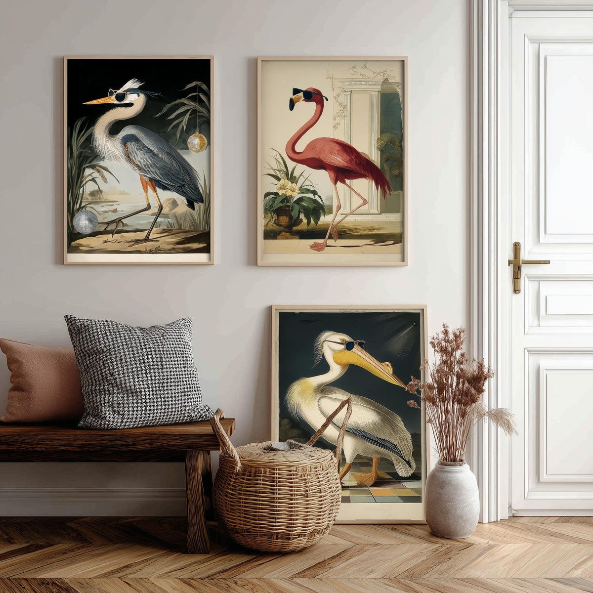 Set of Three Funny Bird Art Prints - Heron Flamingo Pelican in Sunglasses - 3 Cool Party Posters Wall Art Gift Illustration Humour Bar Decor