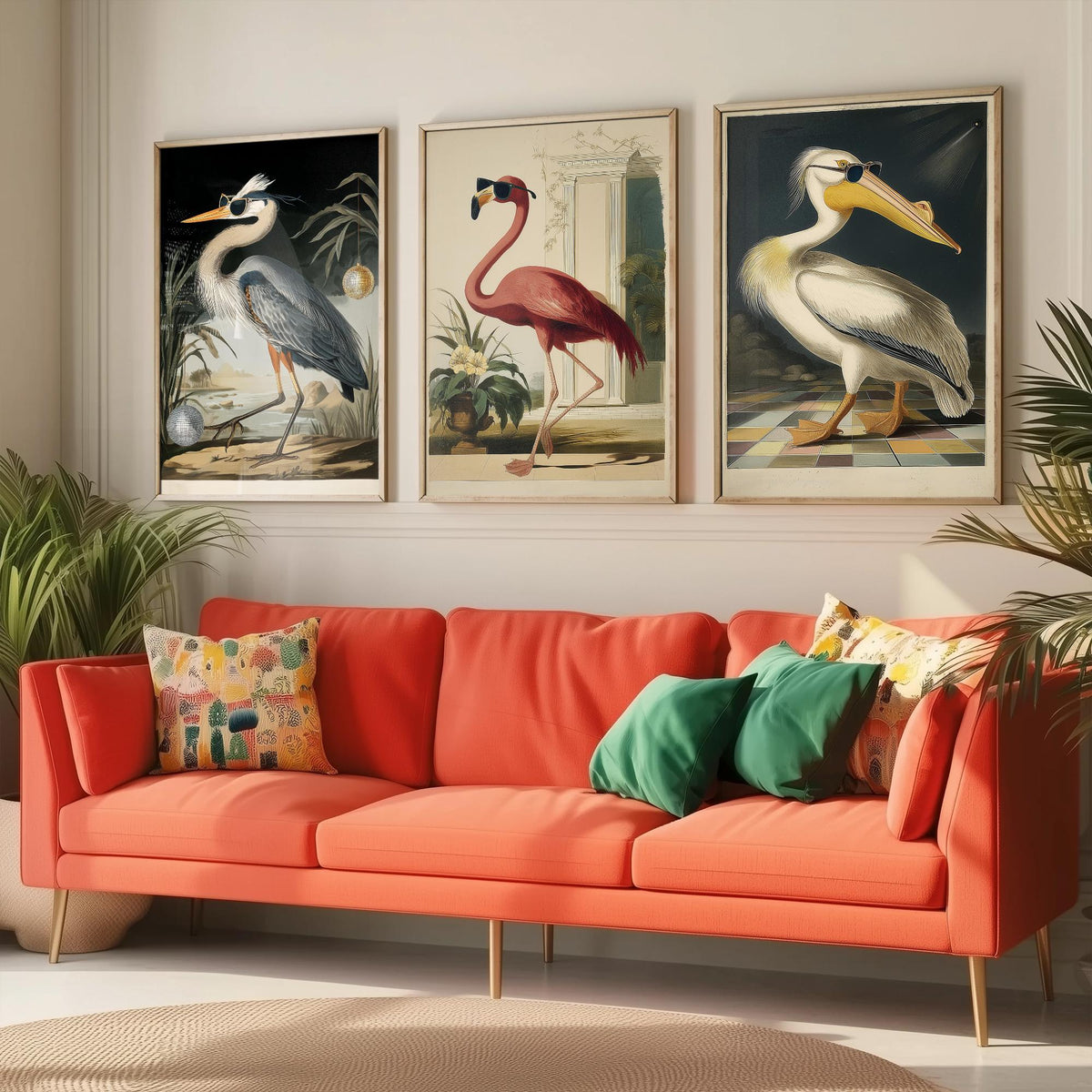 Set of Three Funny Bird Art Prints - Heron Flamingo Pelican in Sunglasses - 3 Cool Party Posters Wall Art Gift Illustration Humour Bar Decor