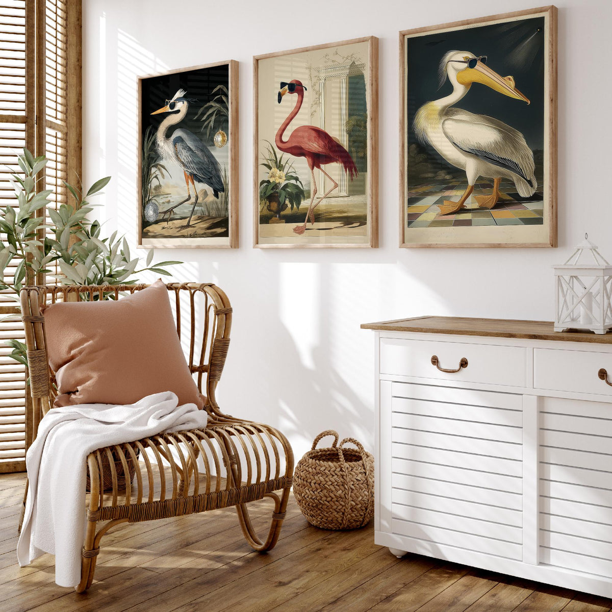 Set of Three Funny Bird Art Prints - Heron Flamingo Pelican in Sunglasses - 3 Cool Party Posters Wall Art Gift Illustration Humour Bar Decor