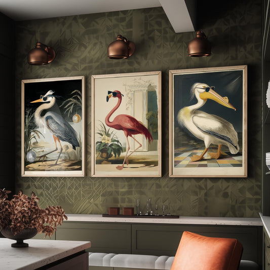 Set of Three Funny Bird Art Prints - Heron Flamingo Pelican in Sunglasses - 3 Cool Party Posters Wall Art Gift Illustration Humour Bar Decor