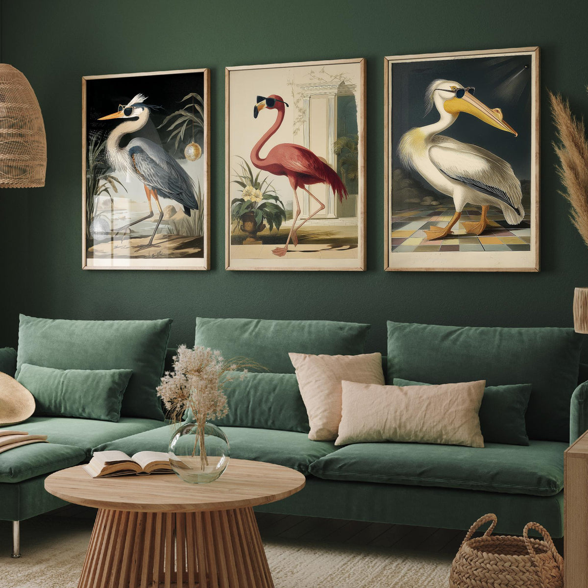 Set of Three Funny Bird Art Prints - Heron Flamingo Pelican in Sunglasses - 3 Cool Party Posters Wall Art Gift Illustration Humour Bar Decor