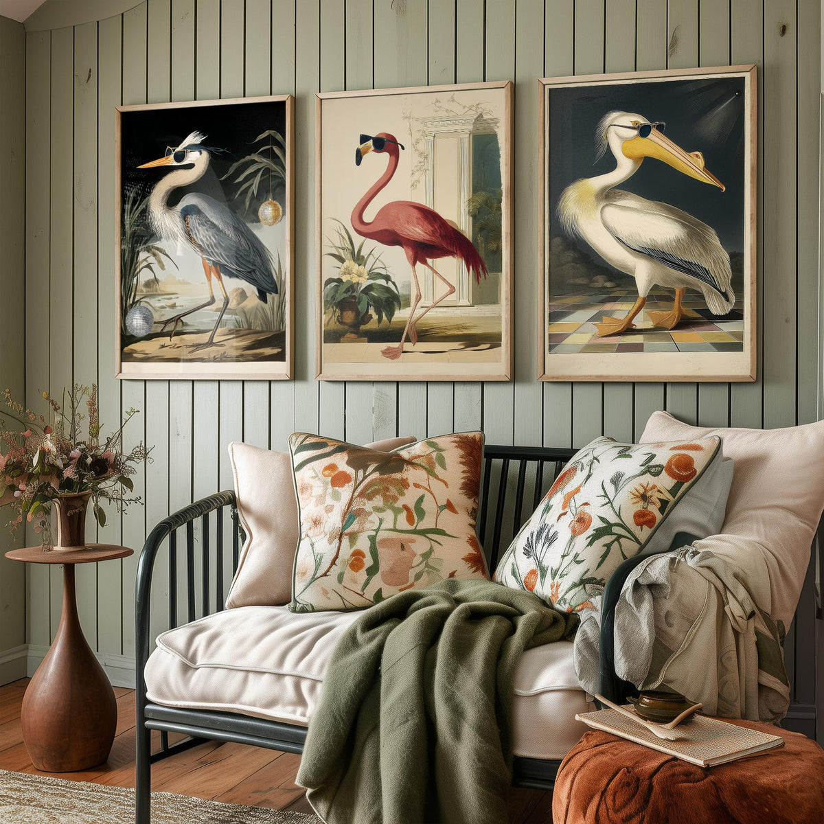 Set of Three Funny Bird Art Prints - Heron Flamingo Pelican in Sunglasses - 3 Cool Party Posters Wall Art Gift Illustration Humour Bar Decor
