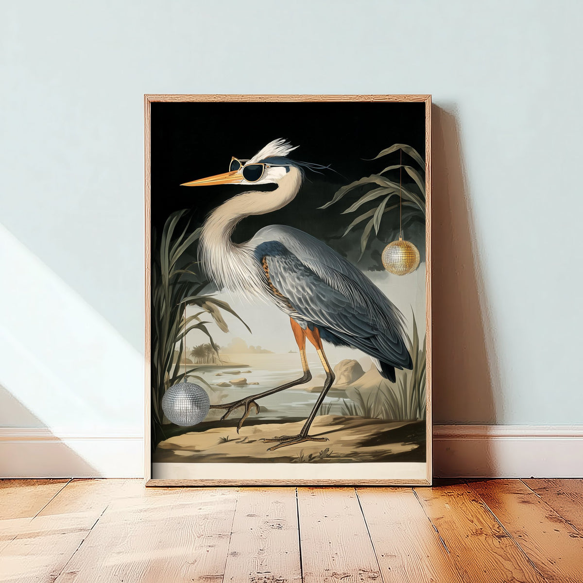 Great Blue Heron in Sunglasses Art Print - Funny Bird Poster - Cool Audubon Illustration - Disco Bird 1/3