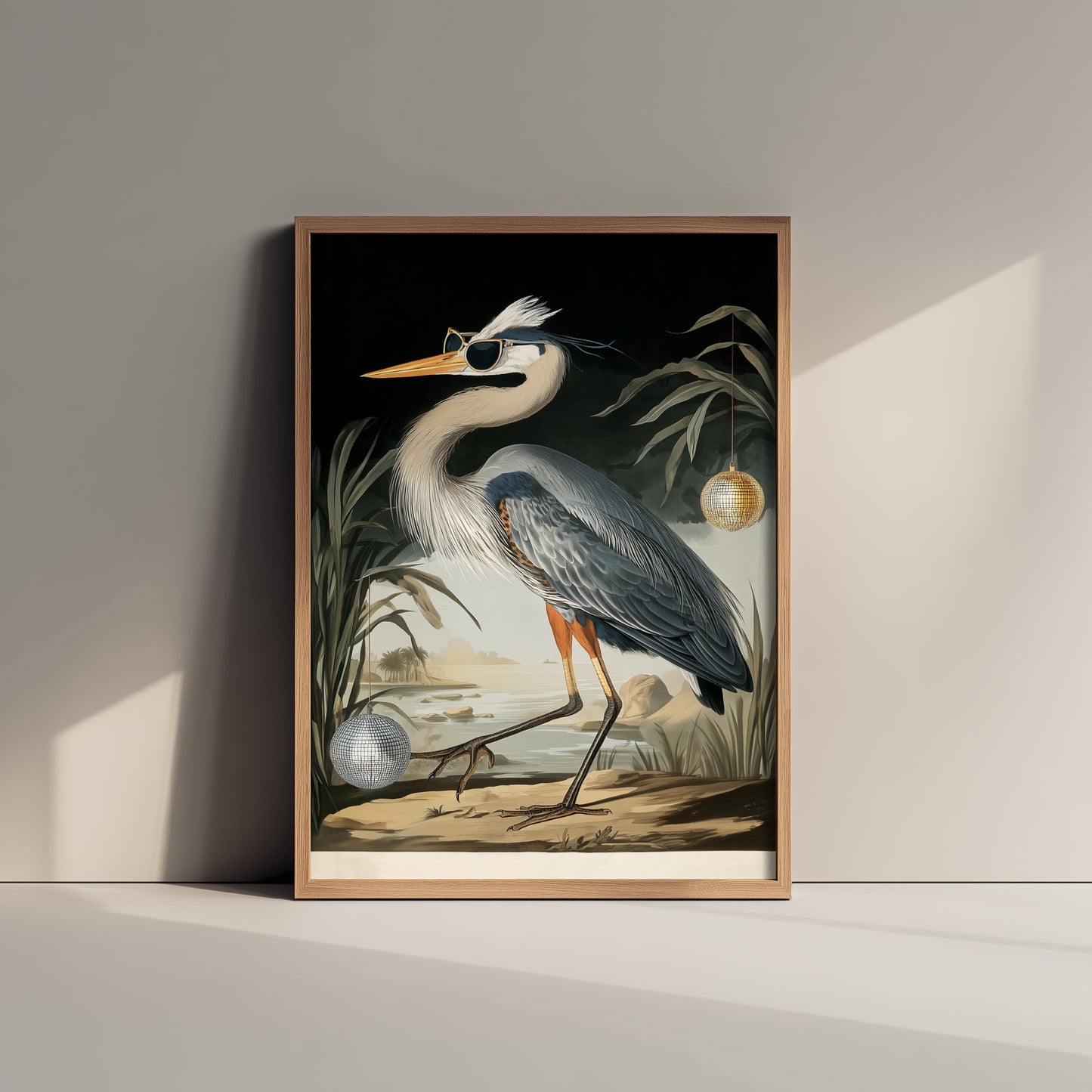 Great Blue Heron in Sunglasses Art Print - Funny Bird Poster - Cool Audubon Illustration - Disco Bird 1/3