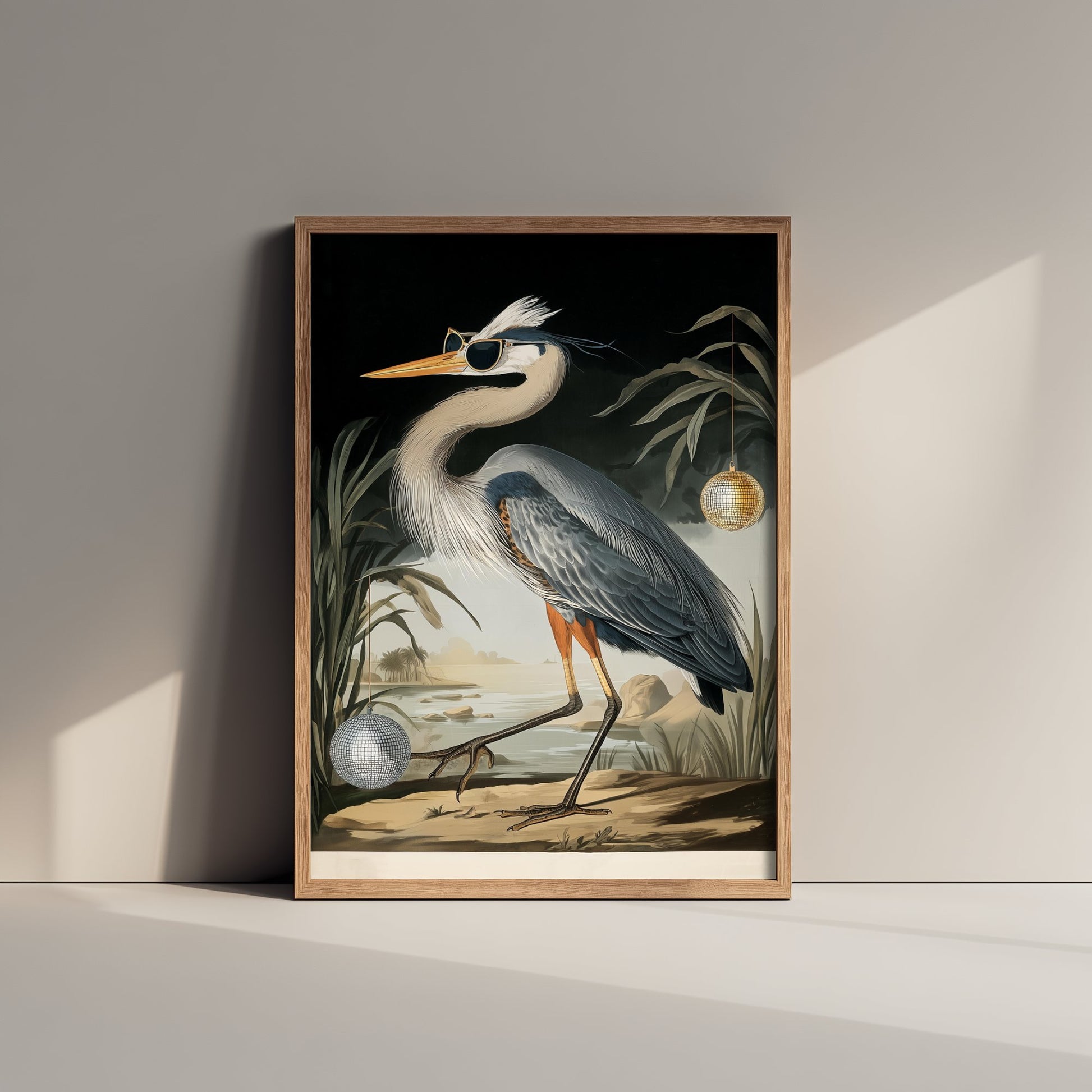 Great Blue Heron in Sunglasses Art Print - Funny Bird Poster - Cool Audubon Illustration - Disco Bird 1/3