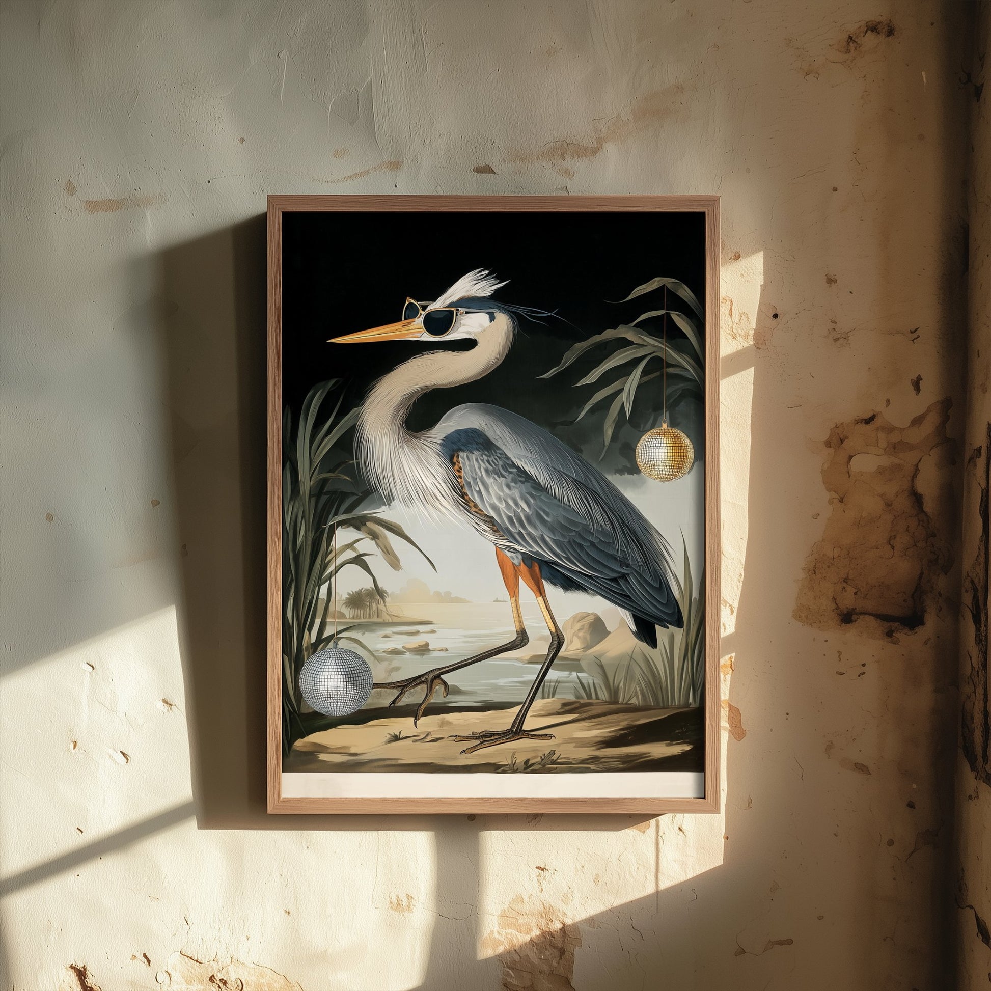 Great Blue Heron in Sunglasses Art Print - Funny Bird Poster - Cool Audubon Illustration - Disco Bird 1/3