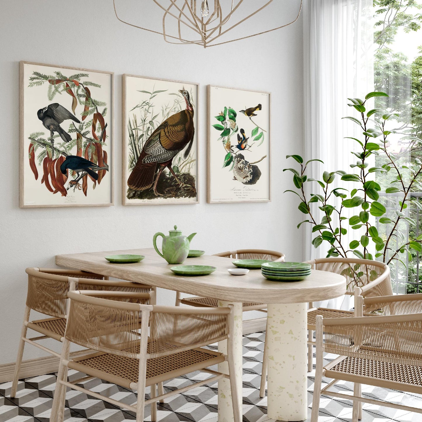 John James Audubon Set of Three Art Prints - Fish Crow, Wild Turkey, American Redstart - 3 Vintage Bird Illustration Posters