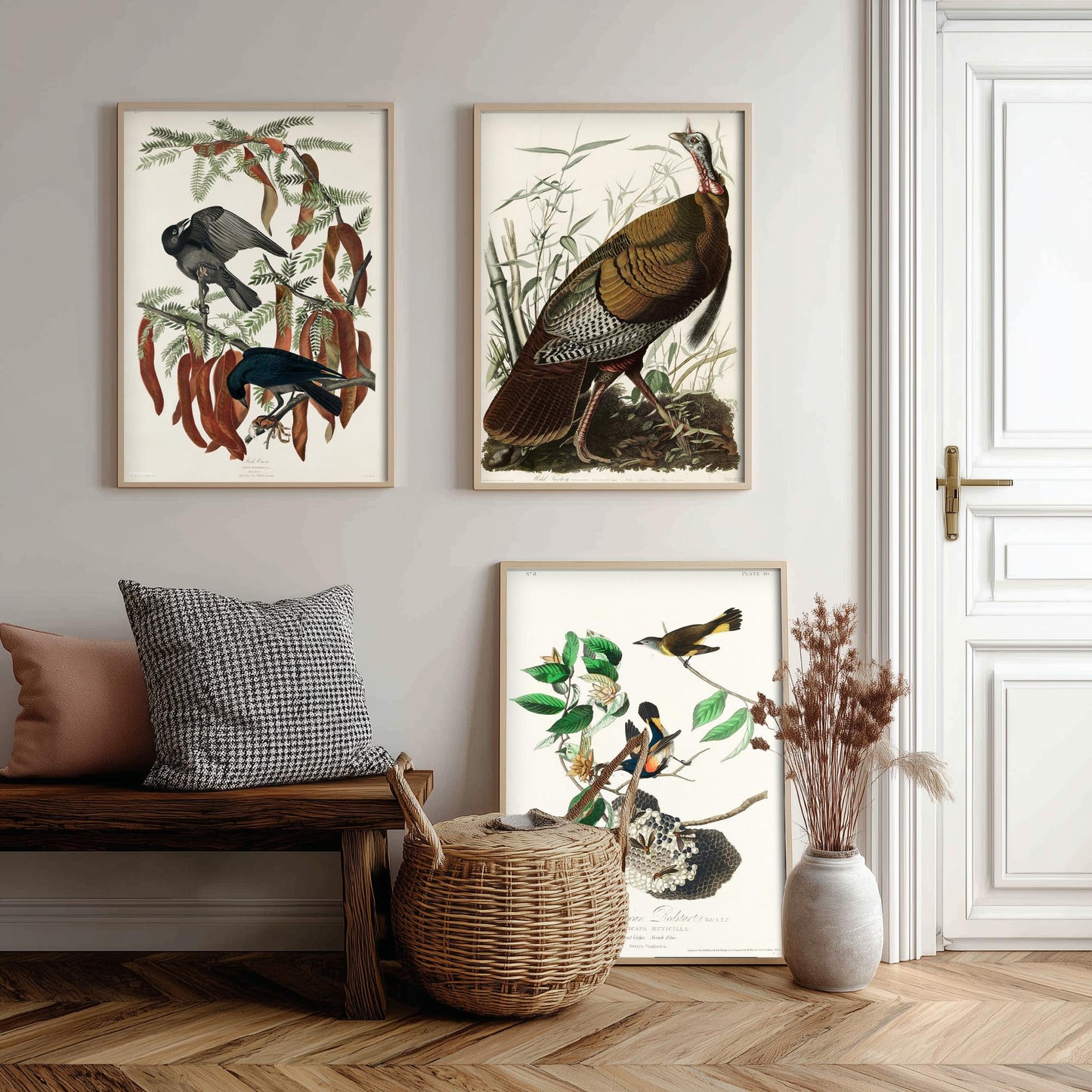 John James Audubon Set of Three Art Prints - Fish Crow, Wild Turkey, American Redstart - 3 Vintage Bird Illustration Posters