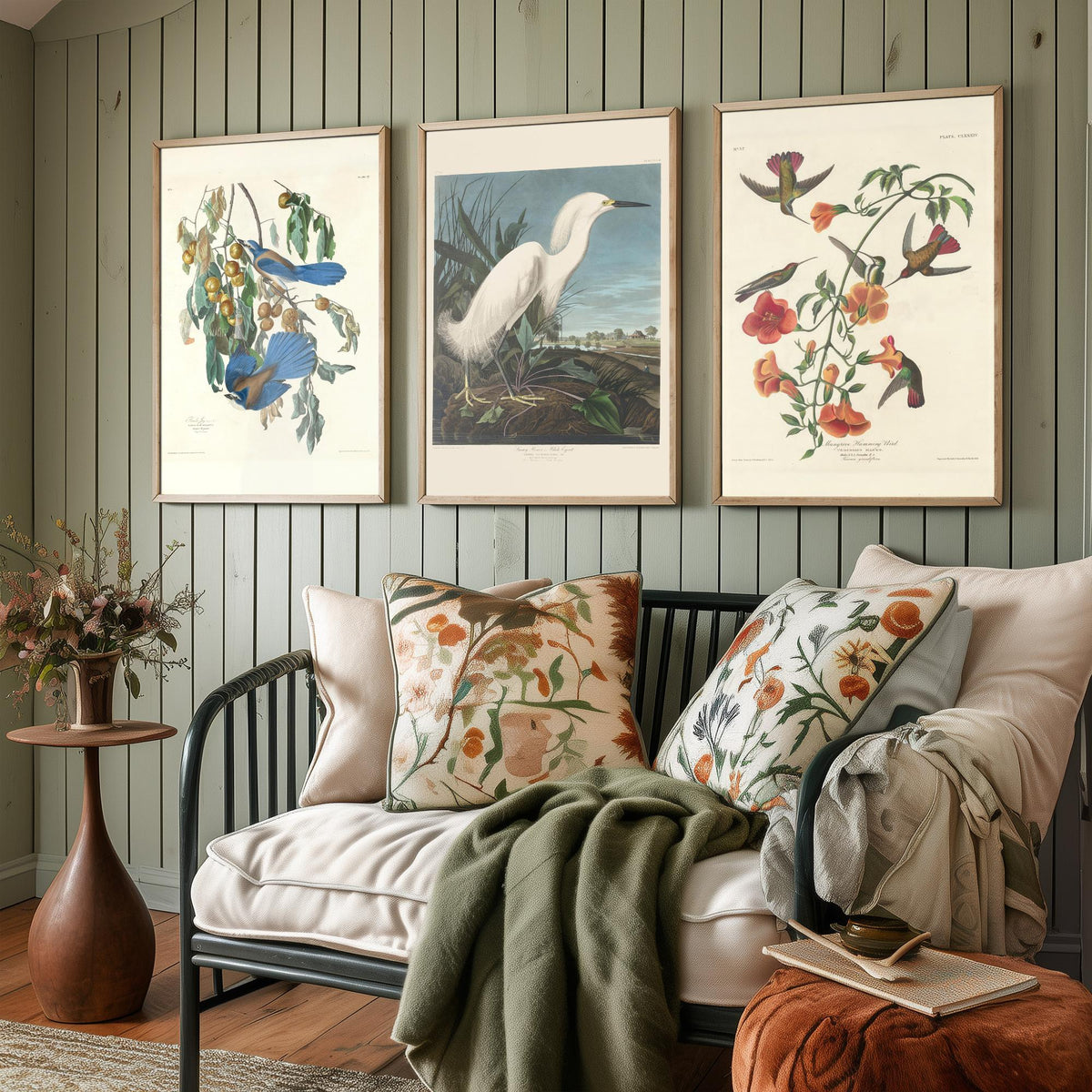 Set of Three John James Audubon Florida Prints - Florida Jays Snowy Heron Mangrove Hummingbird - 3 Bird Painting Posters Wall Art Gift Decor