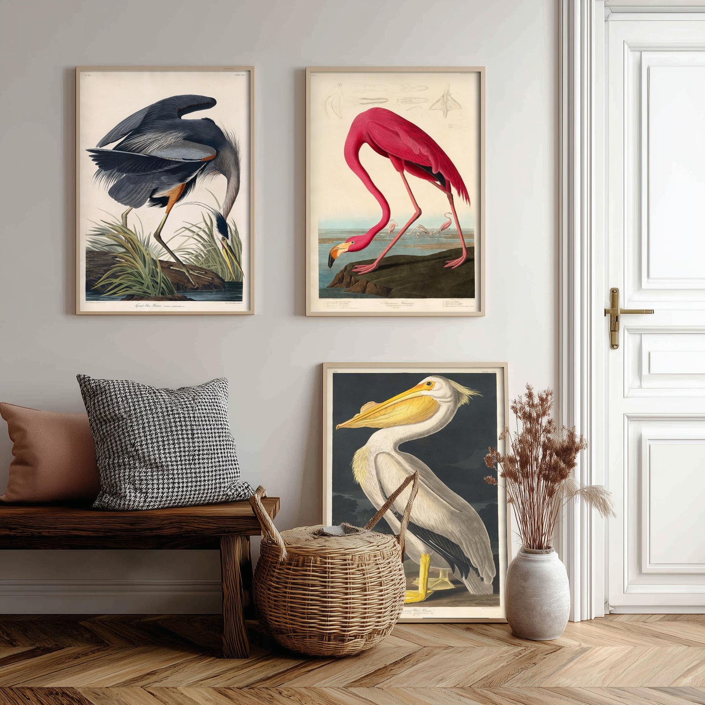 Set of Three John James Audubon Prints - Great Blue Heron, Flamingo, Pelican - Vintage Bird Art Print Poster Wall Gift Illustration