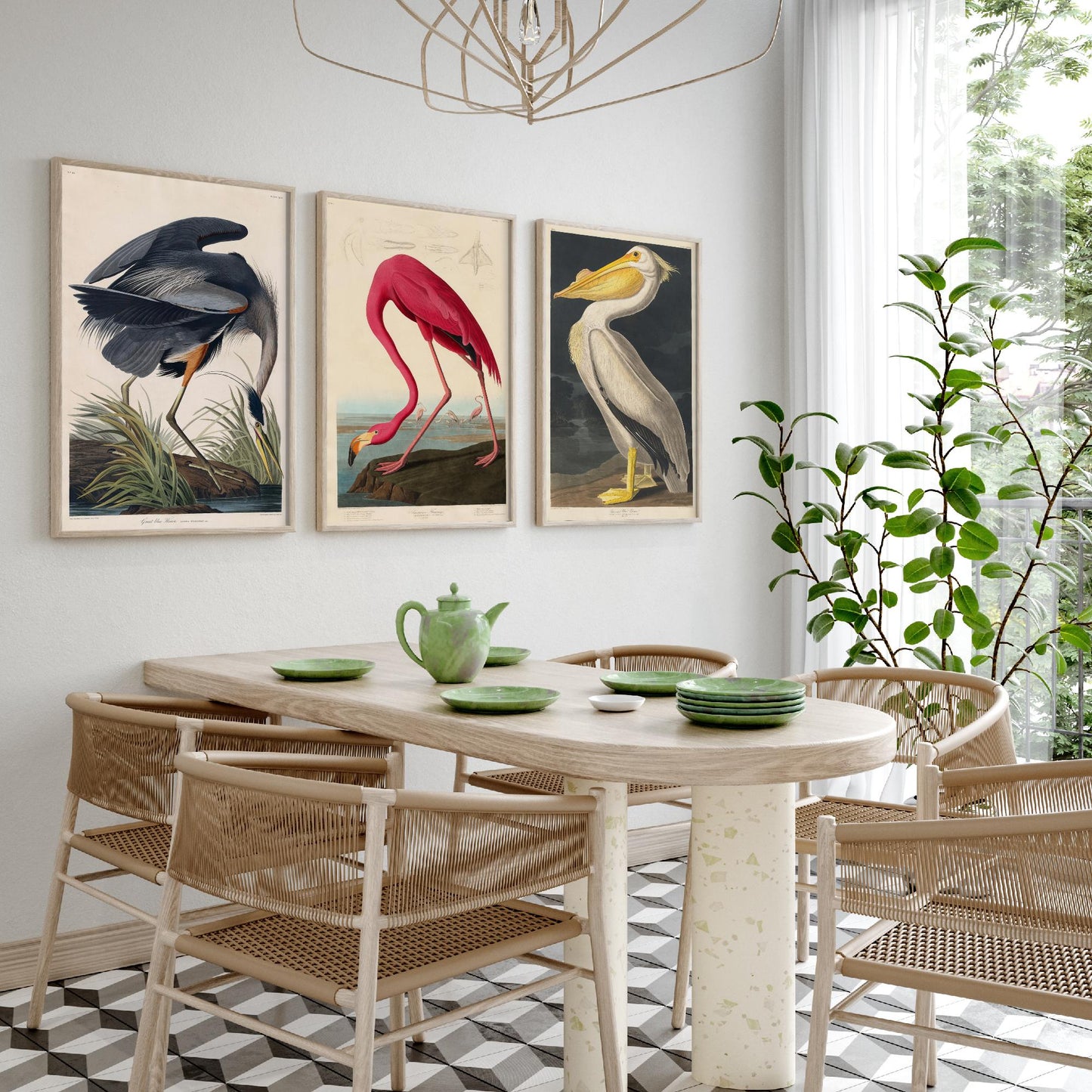 Set of Three John James Audubon Prints - Great Blue Heron, Flamingo, Pelican - Vintage Bird Art Print Poster Wall Gift Illustration