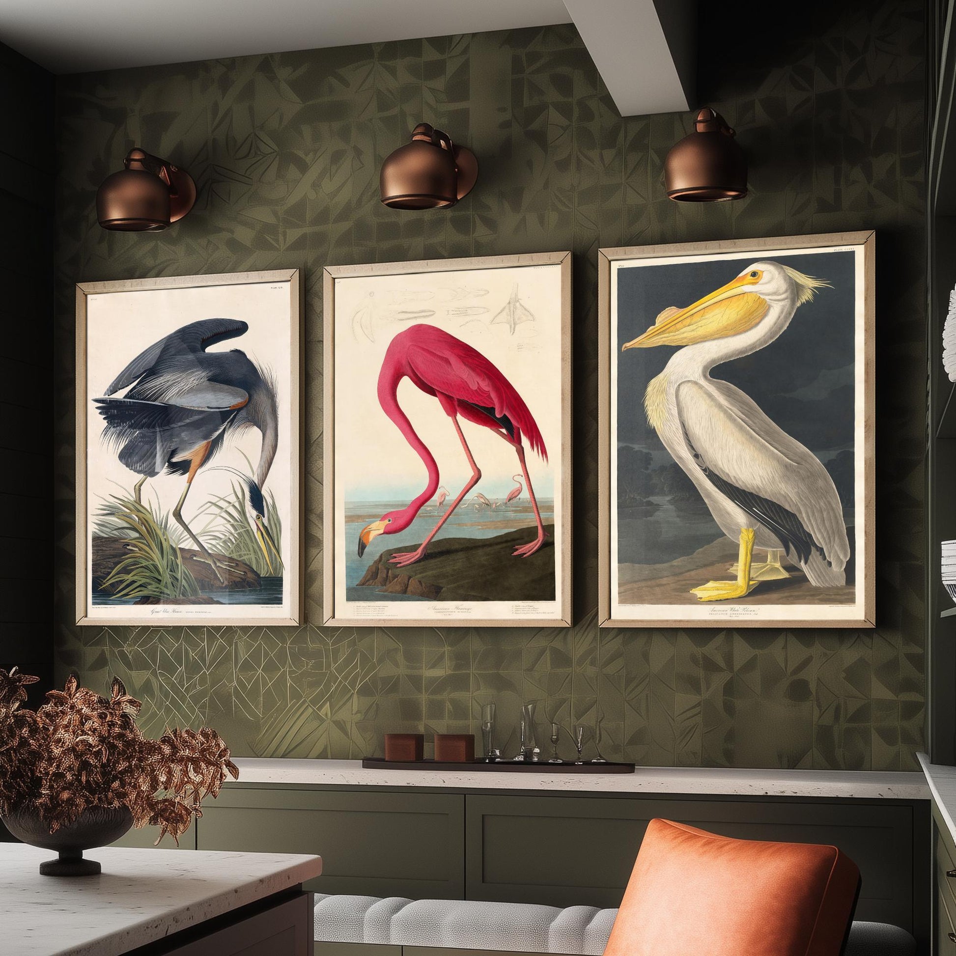 Set of Three John James Audubon Prints - Great Blue Heron, Flamingo, Pelican - Vintage Bird Art Print Poster Wall Gift Illustration