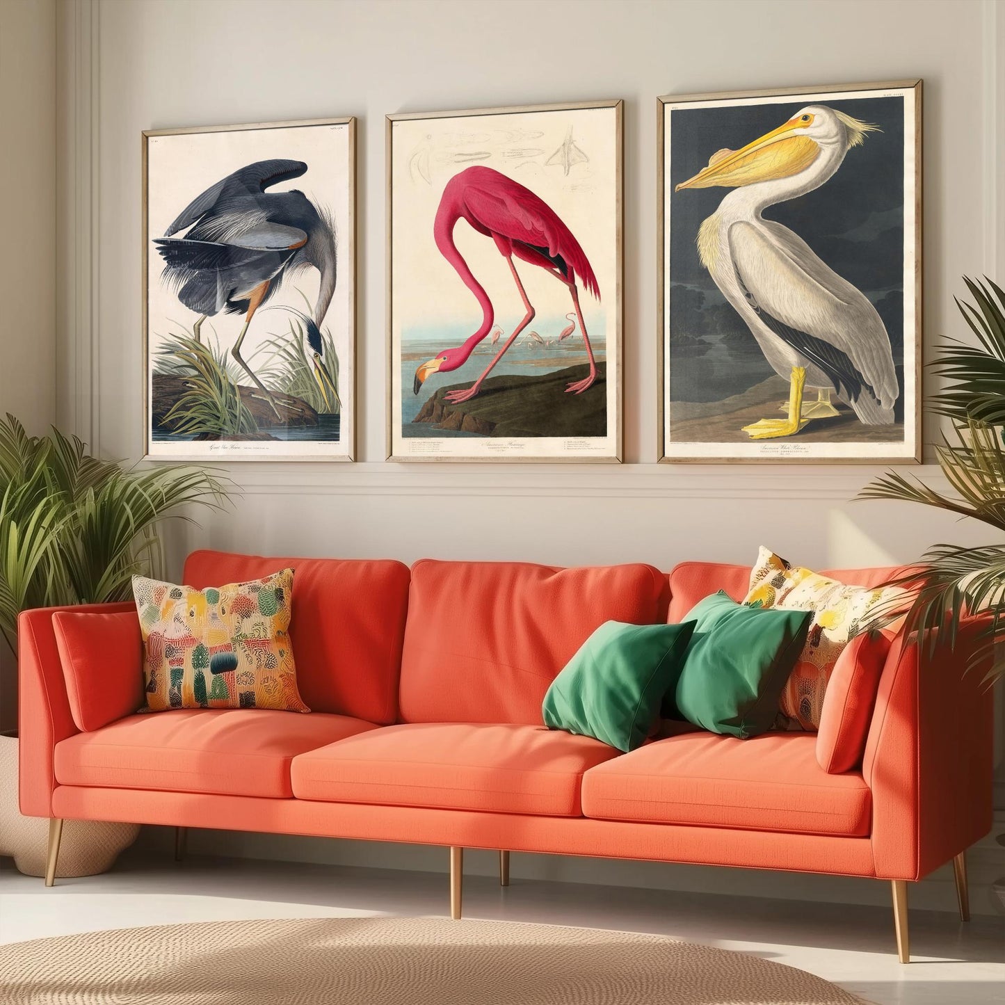 Set of Three John James Audubon Prints - Great Blue Heron, Flamingo, Pelican - Vintage Bird Art Print Poster Wall Gift Illustration