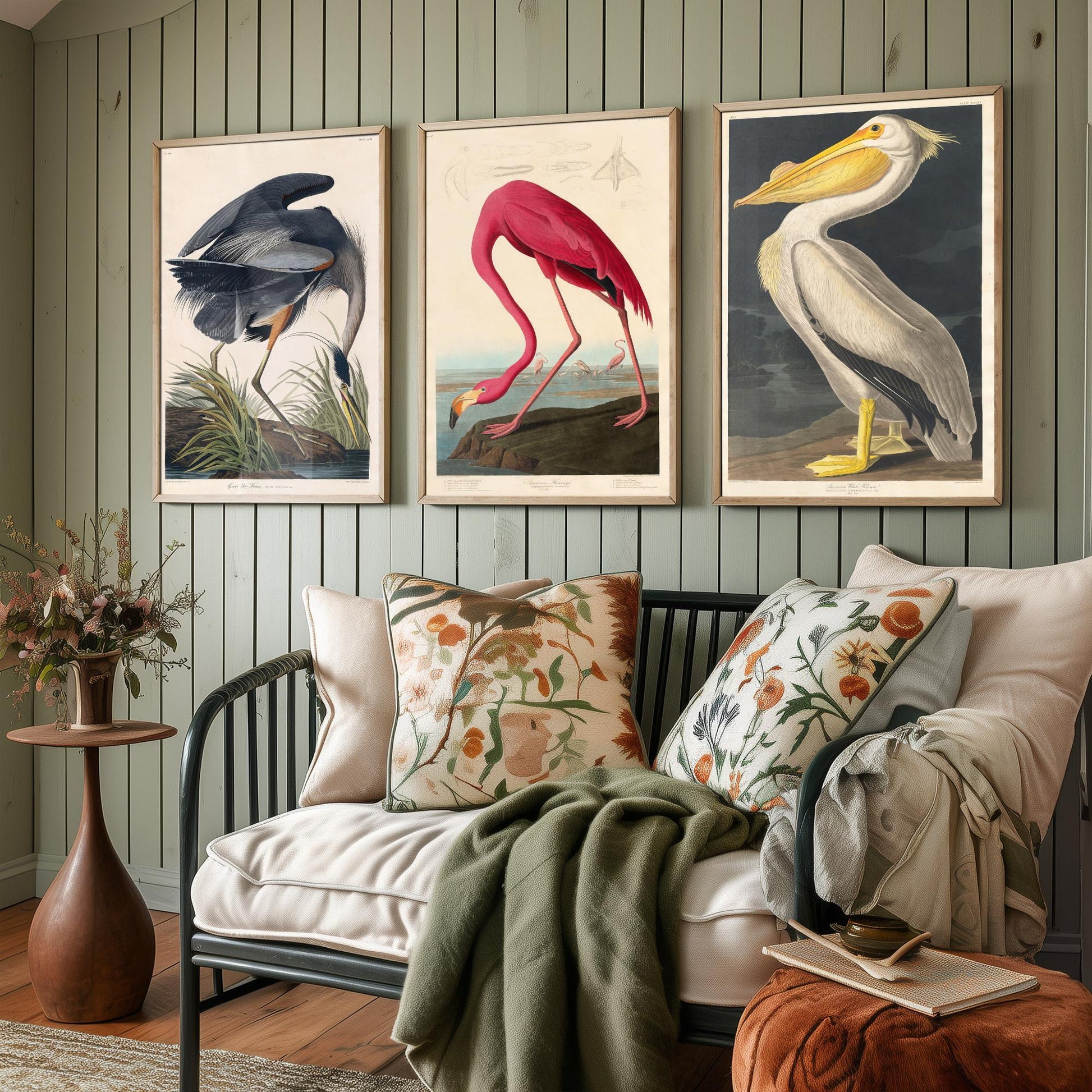 Set of Three John James Audubon Prints - Great Blue Heron, Flamingo, Pelican - Vintage Bird Art Print Poster Wall Gift Illustration