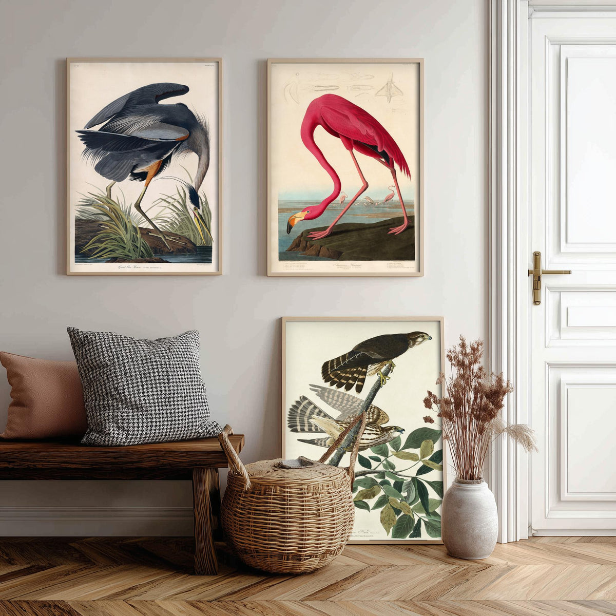 John James Audubon Set of Three Art Prints - Great Blue Heron, American Flamingo, Hawks - Birds of America Illustration Poster