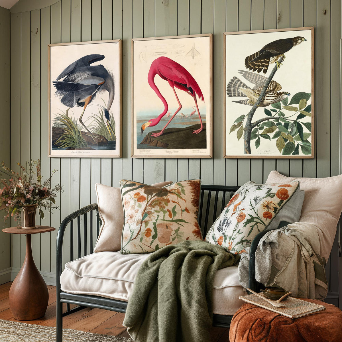John James Audubon Set of Three Art Prints - Great Blue Heron, American Flamingo, Hawks - Birds of America Illustration Poster