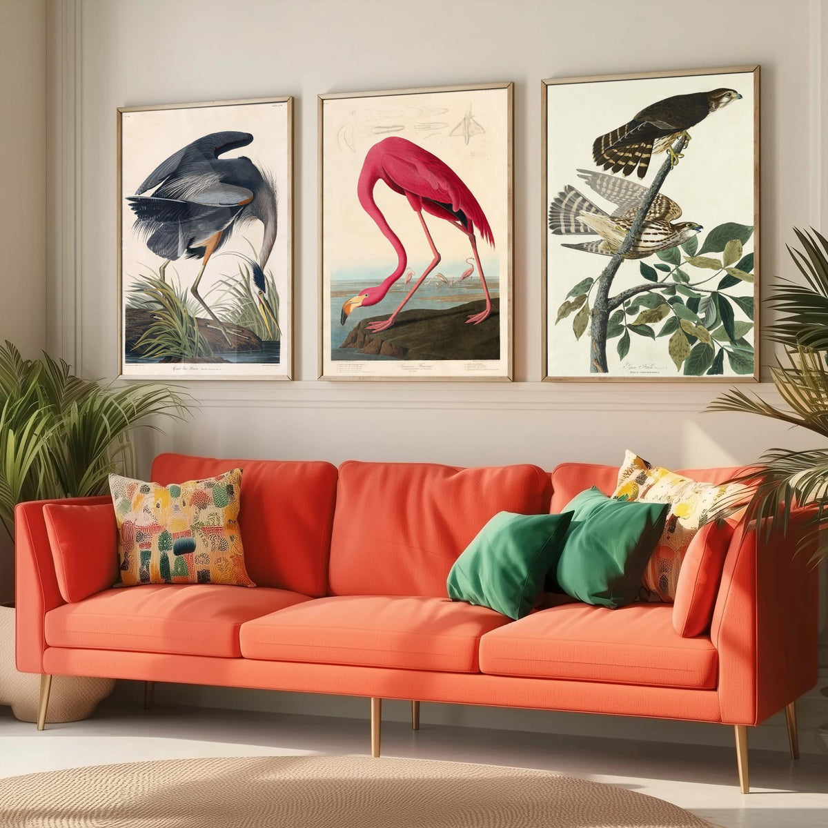 John James Audubon Set of Three Art Prints - Great Blue Heron, American Flamingo, Hawks - Birds of America Illustration Poster