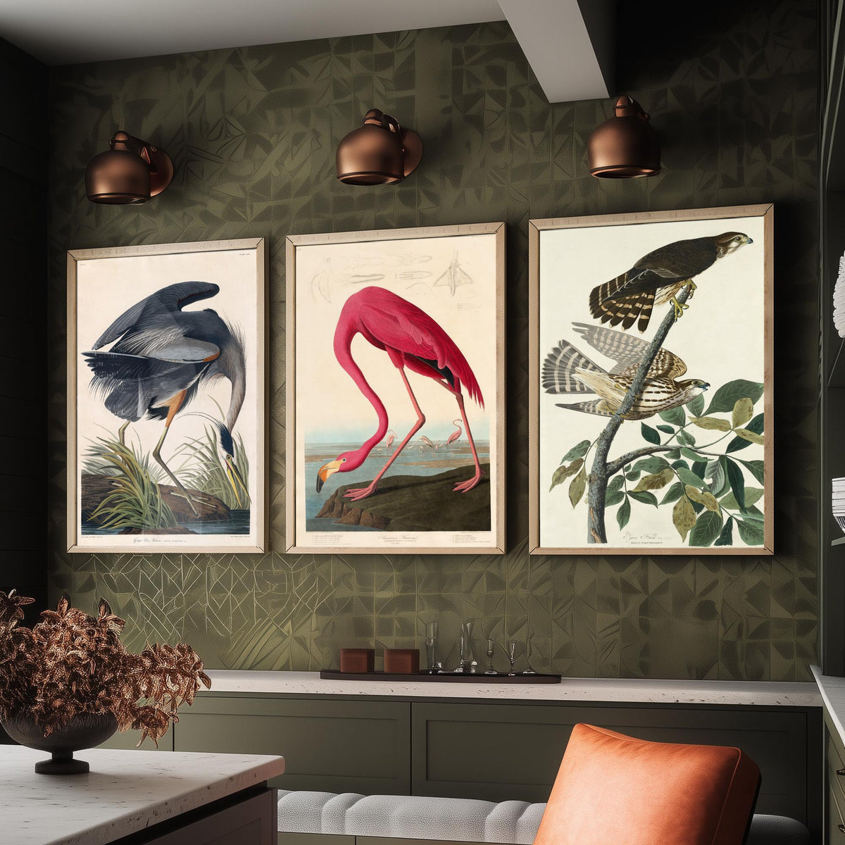 John James Audubon Set of Three Art Prints - Great Blue Heron, American Flamingo, Hawks - Birds of America Illustration Poster