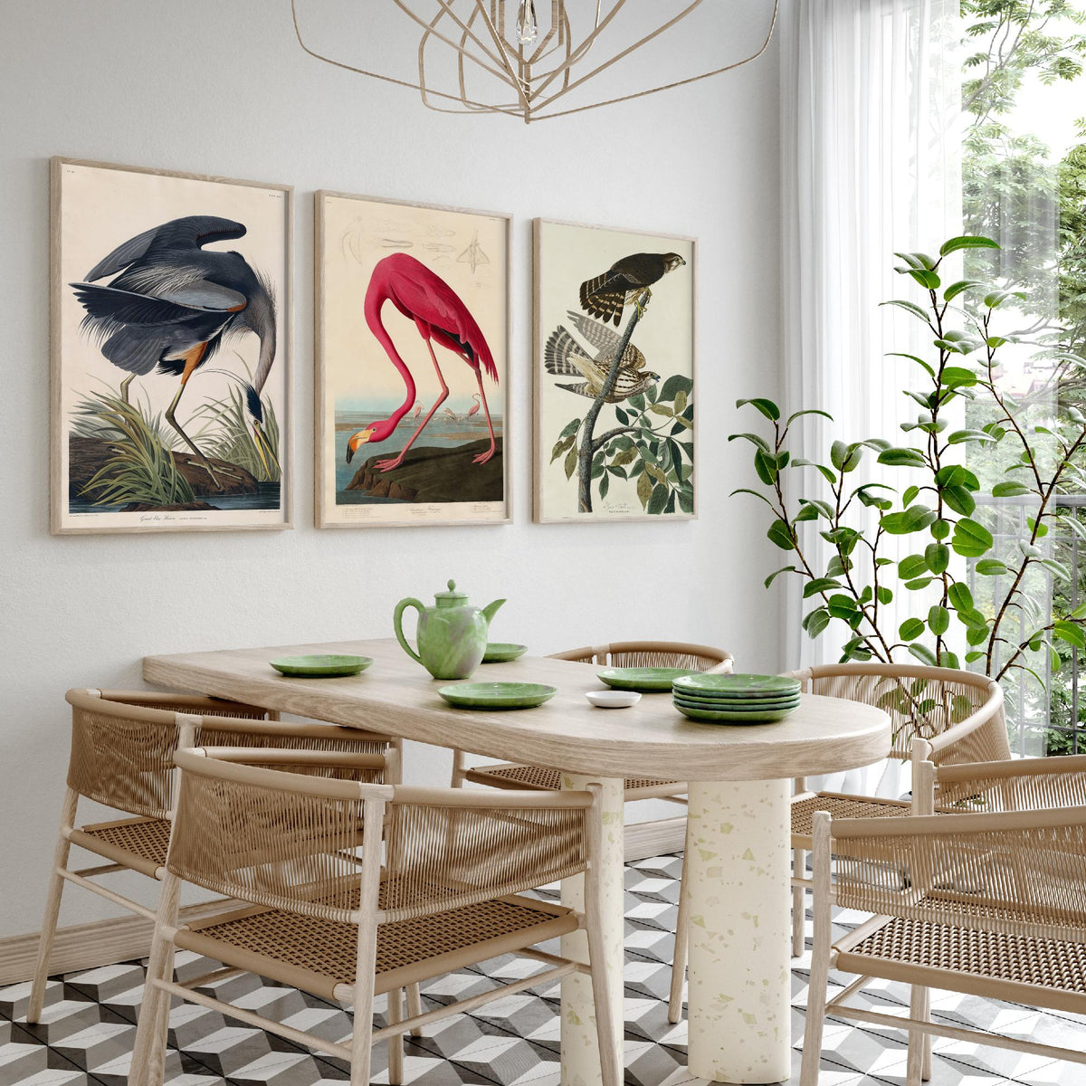 John James Audubon Set of Three Art Prints - Great Blue Heron, American Flamingo, Hawks - Birds of America Illustration Poster