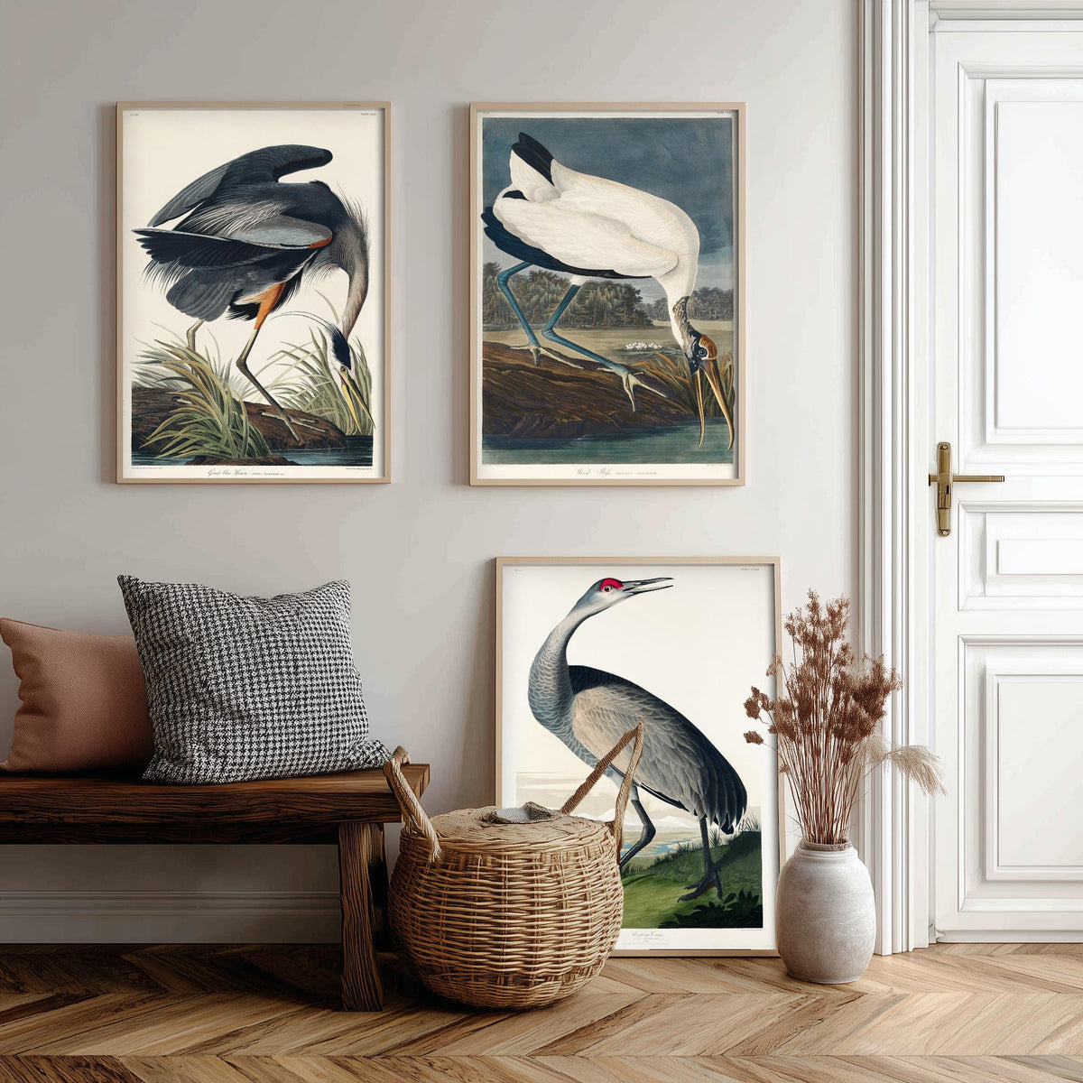 Set of Three John James Audubon Prints - Great Blue Heron Wood Ibis and Sandhill Crane - 3 Bird Paintings Poster Wall Art Illustration