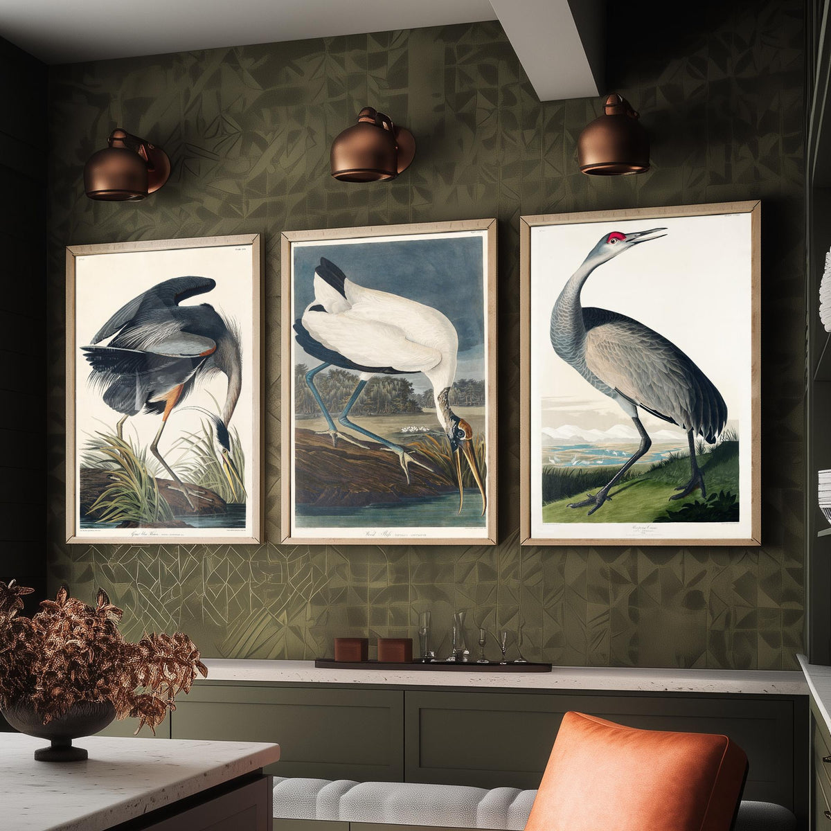 Set of Three John James Audubon Prints - Great Blue Heron Wood Ibis and Sandhill Crane - 3 Bird Paintings Poster Wall Art Illustration