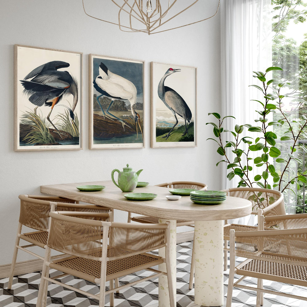 Set of Three John James Audubon Prints - Great Blue Heron Wood Ibis and Sandhill Crane - 3 Bird Paintings Poster Wall Art Illustration