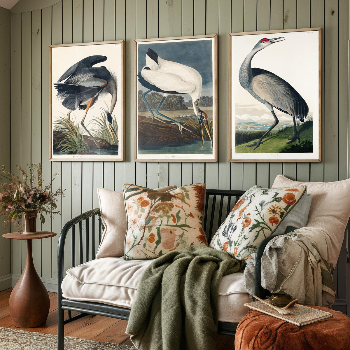 Set of Three John James Audubon Prints - Great Blue Heron Wood Ibis and Sandhill Crane - 3 Bird Paintings Poster Wall Art Illustration