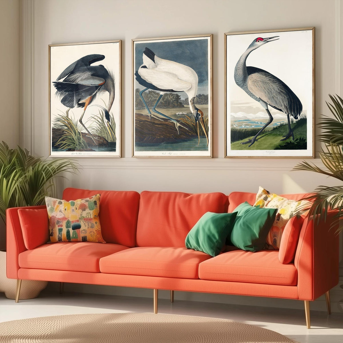 Set of Three John James Audubon Prints - Great Blue Heron Wood Ibis and Sandhill Crane - 3 Bird Paintings Poster Wall Art Illustration