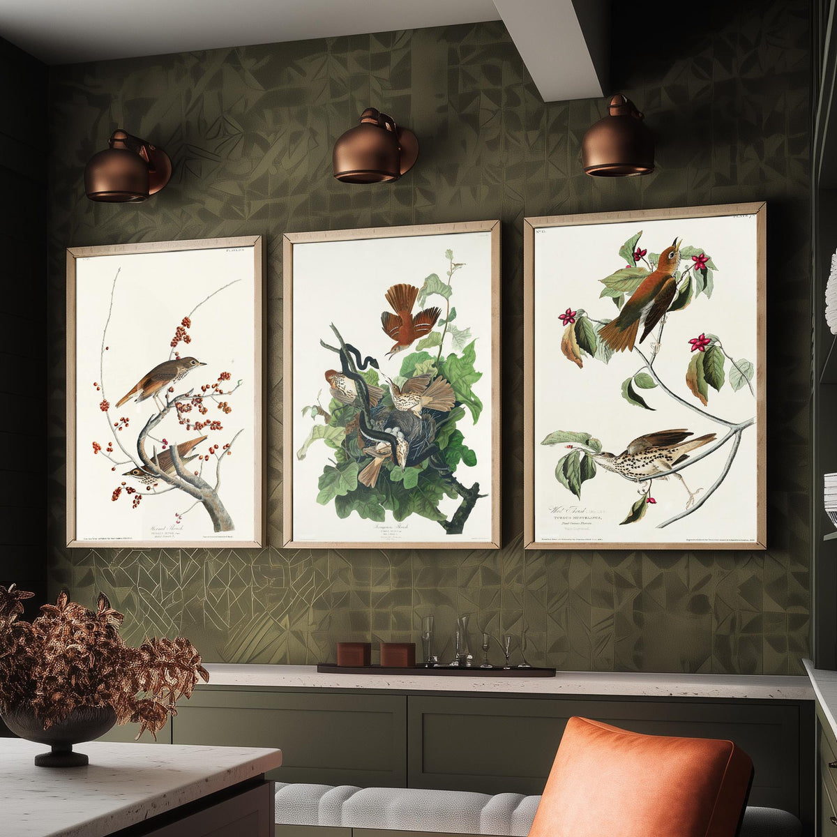 Set of Three John James Audubon Prints - Hermit Ferruginous and Wood Thrushes - 3 Thrush Paintings Poster Wall Art Illustration
