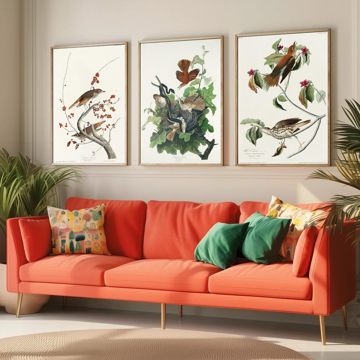 Set of Three John James Audubon Prints - Hermit Ferruginous and Wood Thrushes - 3 Thrush Paintings Poster Wall Art Illustration